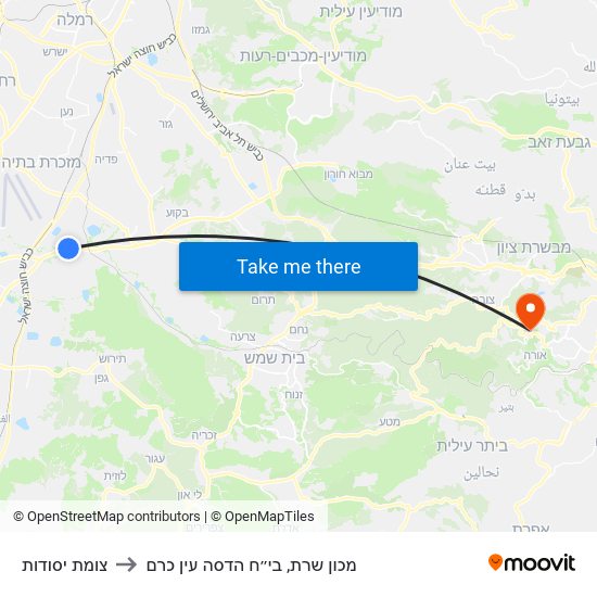 צומת יסודות to מכון שרת, בי״ח הדסה עין כרם map