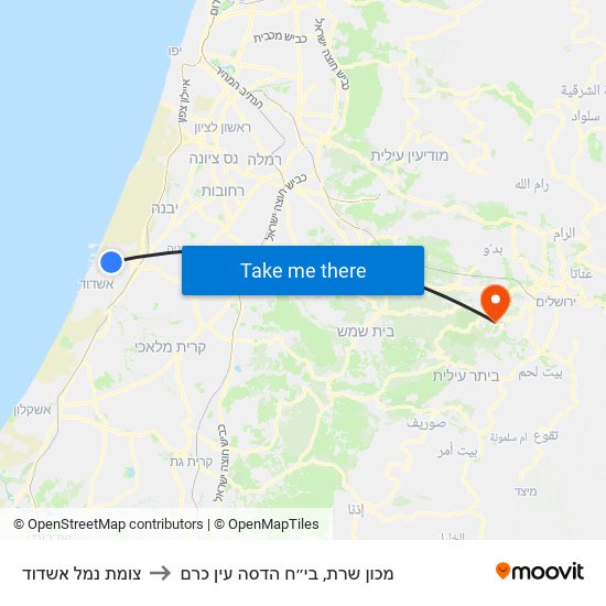 צומת נמל אשדוד to מכון שרת, בי״ח הדסה עין כרם map