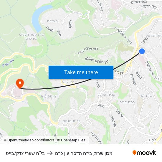 בי''ח שערי צדק/בייט to מכון שרת, בי״ח הדסה עין כרם map