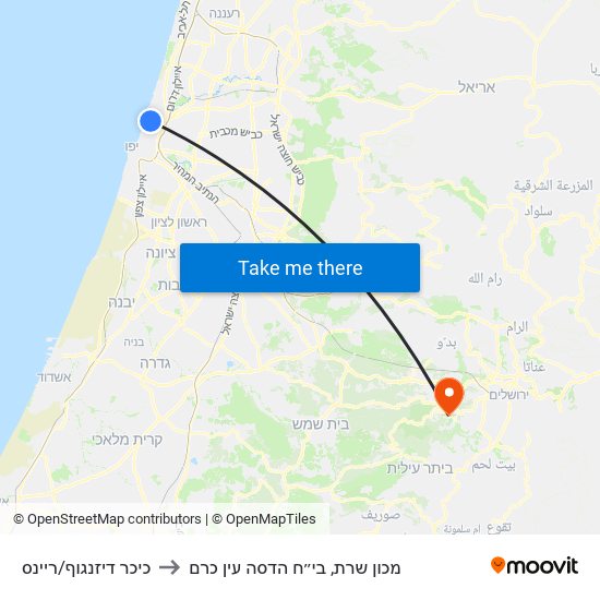 כיכר דיזנגוף/ריינס to מכון שרת, בי״ח הדסה עין כרם map