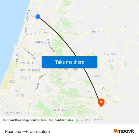 Raanana to Jerusalem map