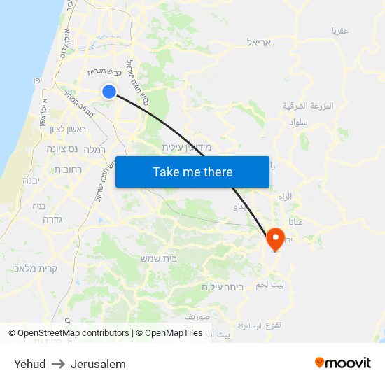 Yehud to Jerusalem map