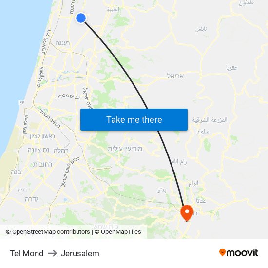 Tel Mond to Jerusalem map