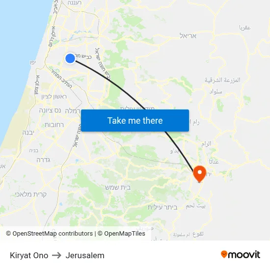Kiryat Ono to Jerusalem map