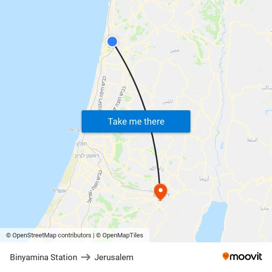 Binyamina Station to Jerusalem map