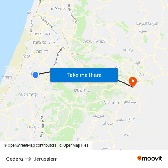 Gedera to Jerusalem map