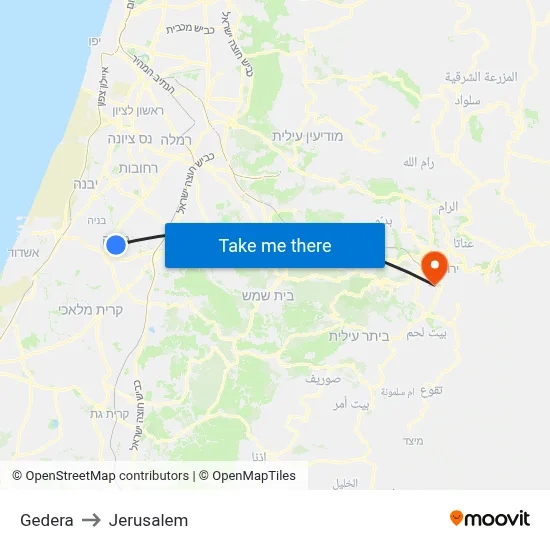 Gedera to Jerusalem map