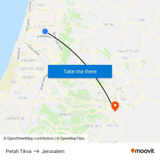 Petah Tikva to Jerusalem map