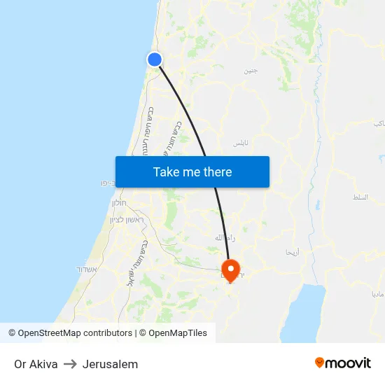 Or Akiva to Jerusalem map