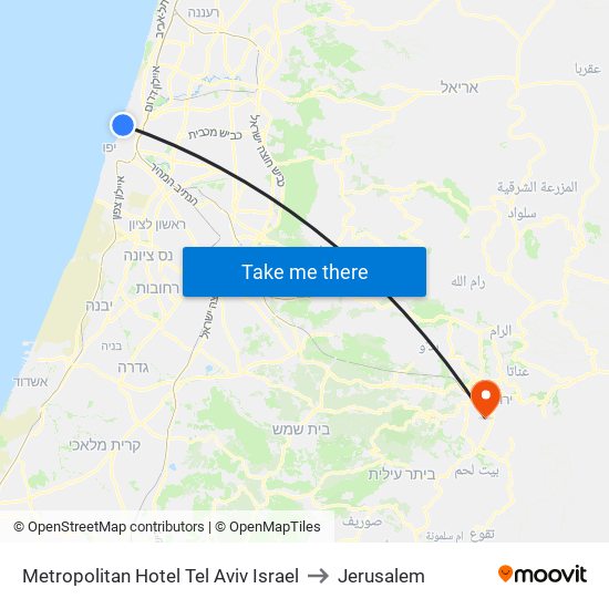 Metropolitan Hotel Tel Aviv Israel to Jerusalem map