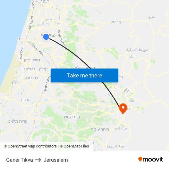 Ganei Tikva to Jerusalem map