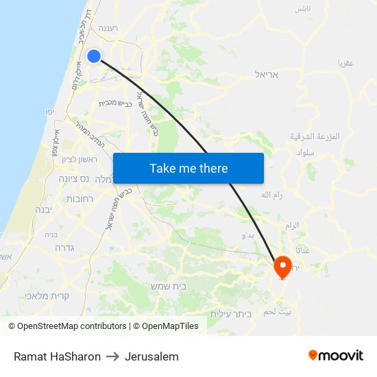 Ramat HaSharon to Jerusalem map