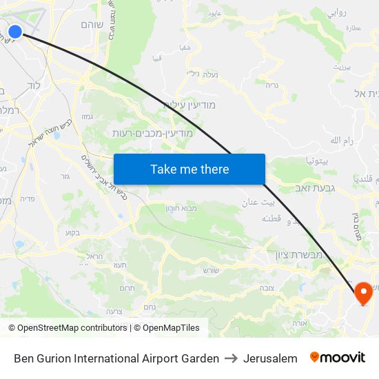 Ben Gurion International Airport Garden to Jerusalem map