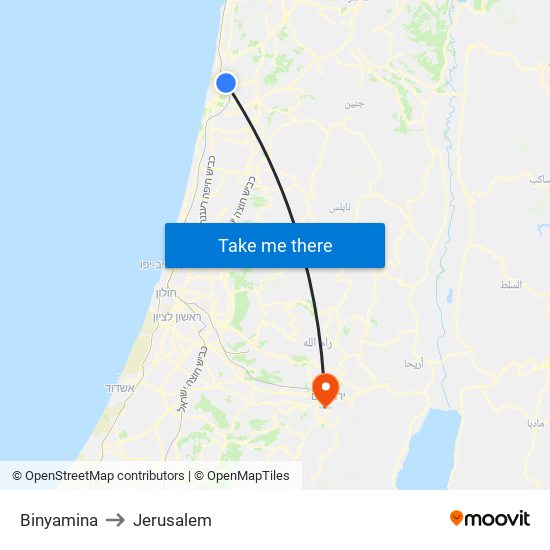 Binyamina to Jerusalem map