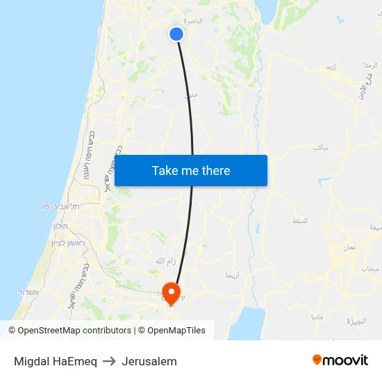 Migdal HaEmeq to Jerusalem map