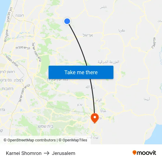 Karnei Shomron to Jerusalem map