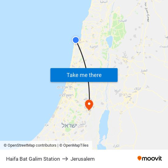 Haifa Bat Galim Station to Jerusalem map