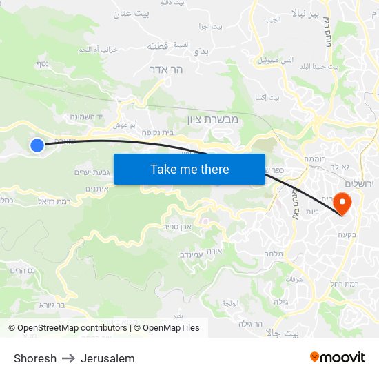 Shoresh to Jerusalem map