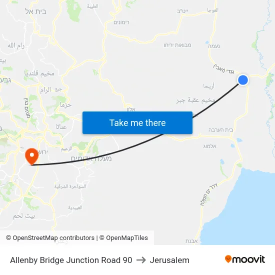 Allenby Bridge Junction Road 90 to Jerusalem map