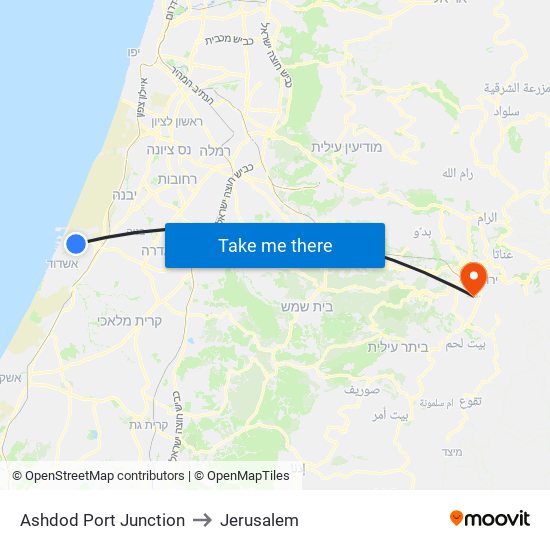 Ashdod Port Junction to Jerusalem map