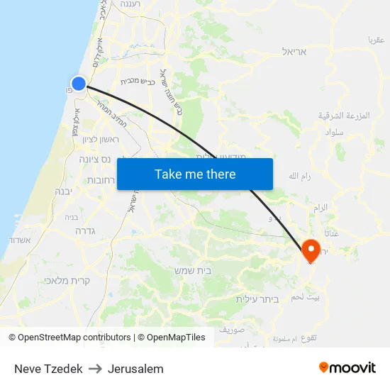 Neve Tzedek to Jerusalem map