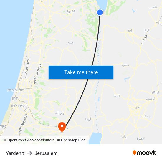 Yardenit to Jerusalem map