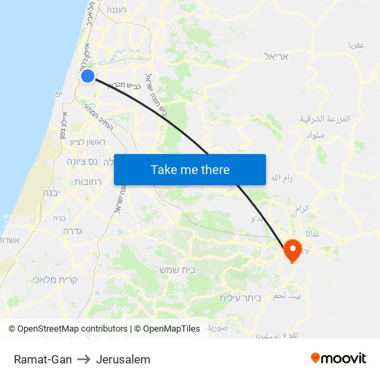 Ramat-Gan to Jerusalem map