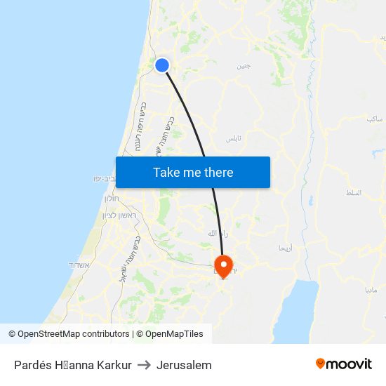 Pardés H̱anna Karkur to Jerusalem map