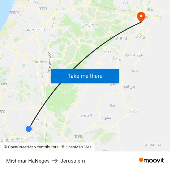 Mishmar HaNegev to Jerusalem map