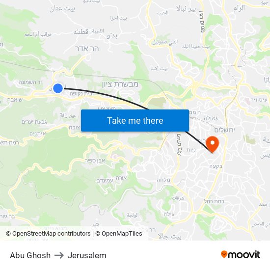 Abu Ghosh to Jerusalem map