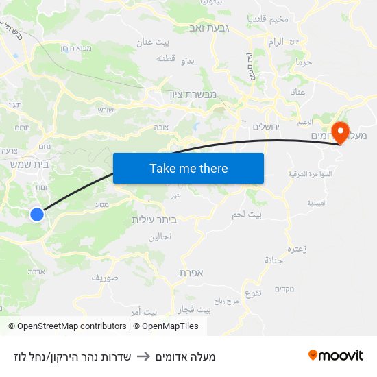 שדרות נהר הירקון/נחל לוז to מעלה אדומים map