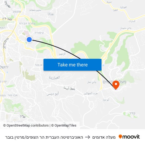 האוניברסיטה העברית הר הצופים/מרטין בובר to מעלה אדומים map