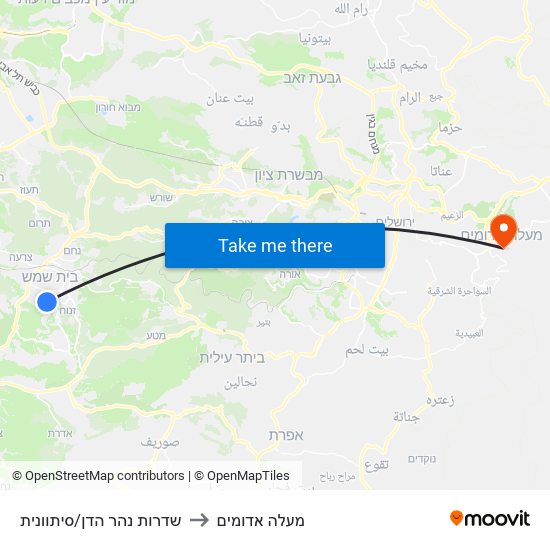 שדרות נהר הדן/סיתוונית to מעלה אדומים map