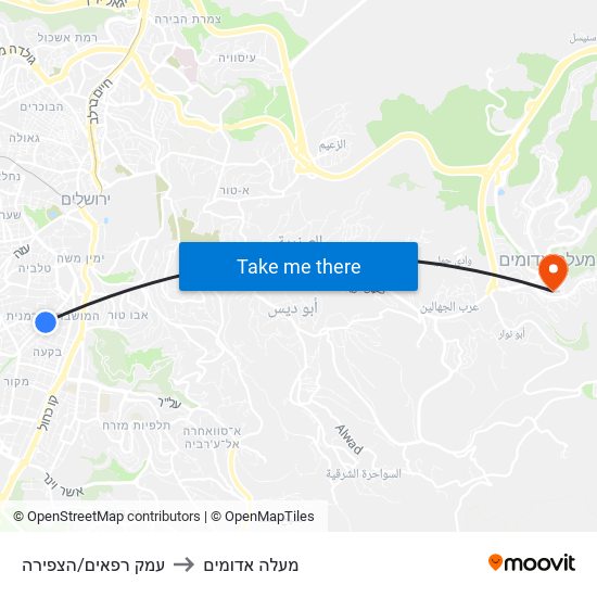 עמק רפאים/הצפירה to מעלה אדומים map