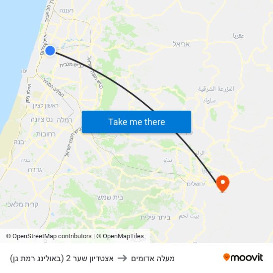 אצטדיון שער 2 (באולינג רמת גן) to מעלה אדומים map