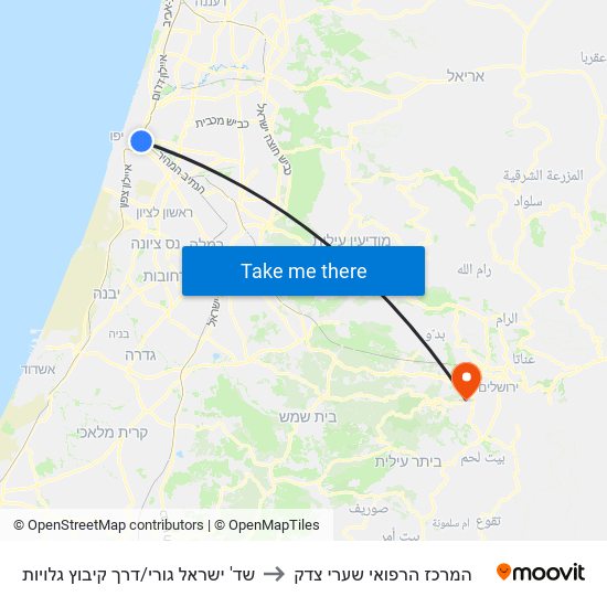 שד' ישראל גורי/דרך קיבוץ גלויות to המרכז הרפואי שערי צדק map