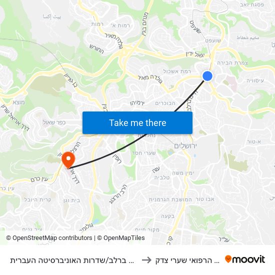 שדרות חיים ברלב/שדרות האוניברסיטה העברית to המרכז הרפואי שערי צדק map