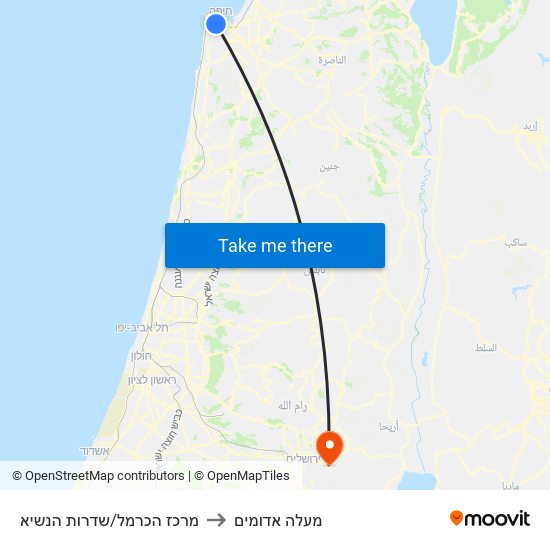 מרכז הכרמל/שדרות הנשיא to מעלה אדומים map