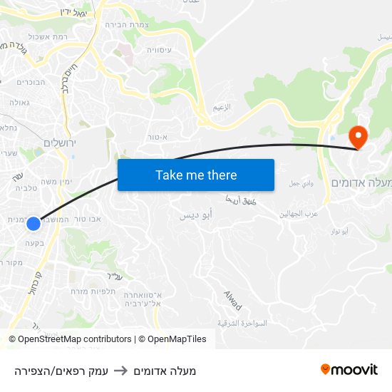 עמק רפאים/הצפירה to מעלה אדומים map