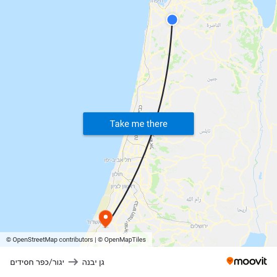 יגור/כפר חסידים to גן יבנה map