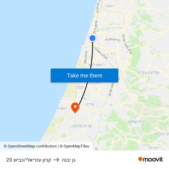 קניון עזריאלי/כביש 20 to גן יבנה map