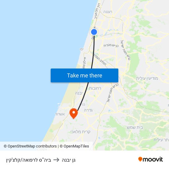 ביה''ס לרפואה/קלצ'קין to גן יבנה map