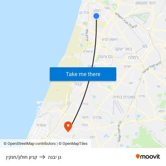 קניון חולון/חנקין to גן יבנה map