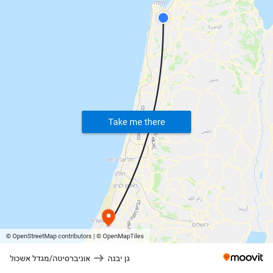 אוניברסיטה/מגדל אשכול to גן יבנה map