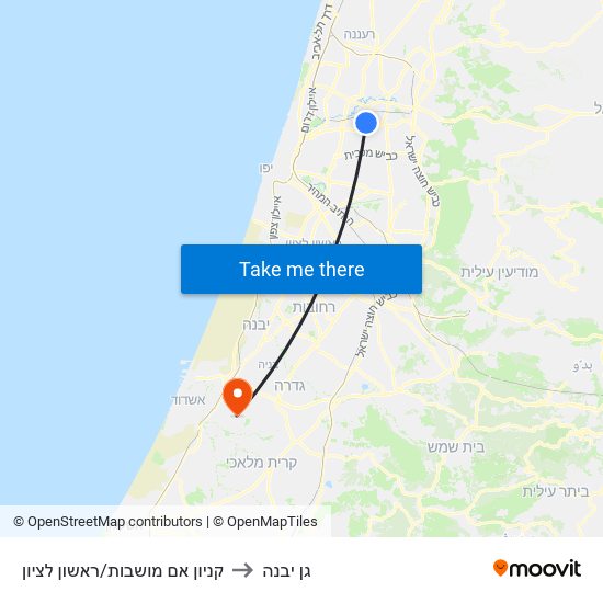 קניון אם מושבות/ראשון לציון to גן יבנה map