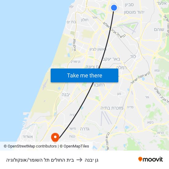 בית החולים תל השומר/אונקולוגיה to גן יבנה map