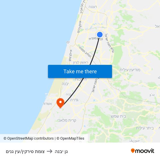 צומת סירקין/עין גנים to גן יבנה map
