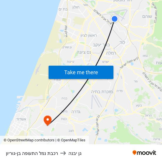רכבת נמל התעופה בן-גוריון to גן יבנה map