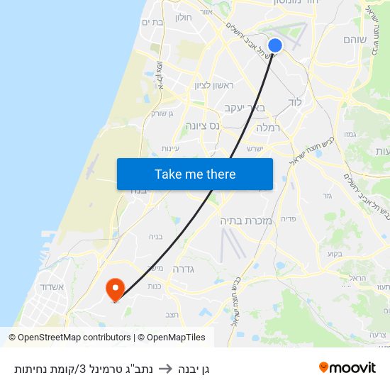 נתב''ג טרמינל 3/קומת נחיתות to גן יבנה map