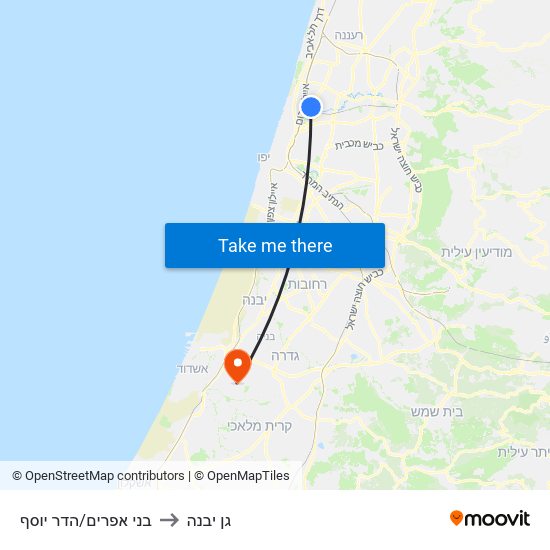 בני אפרים/הדר יוסף to גן יבנה map